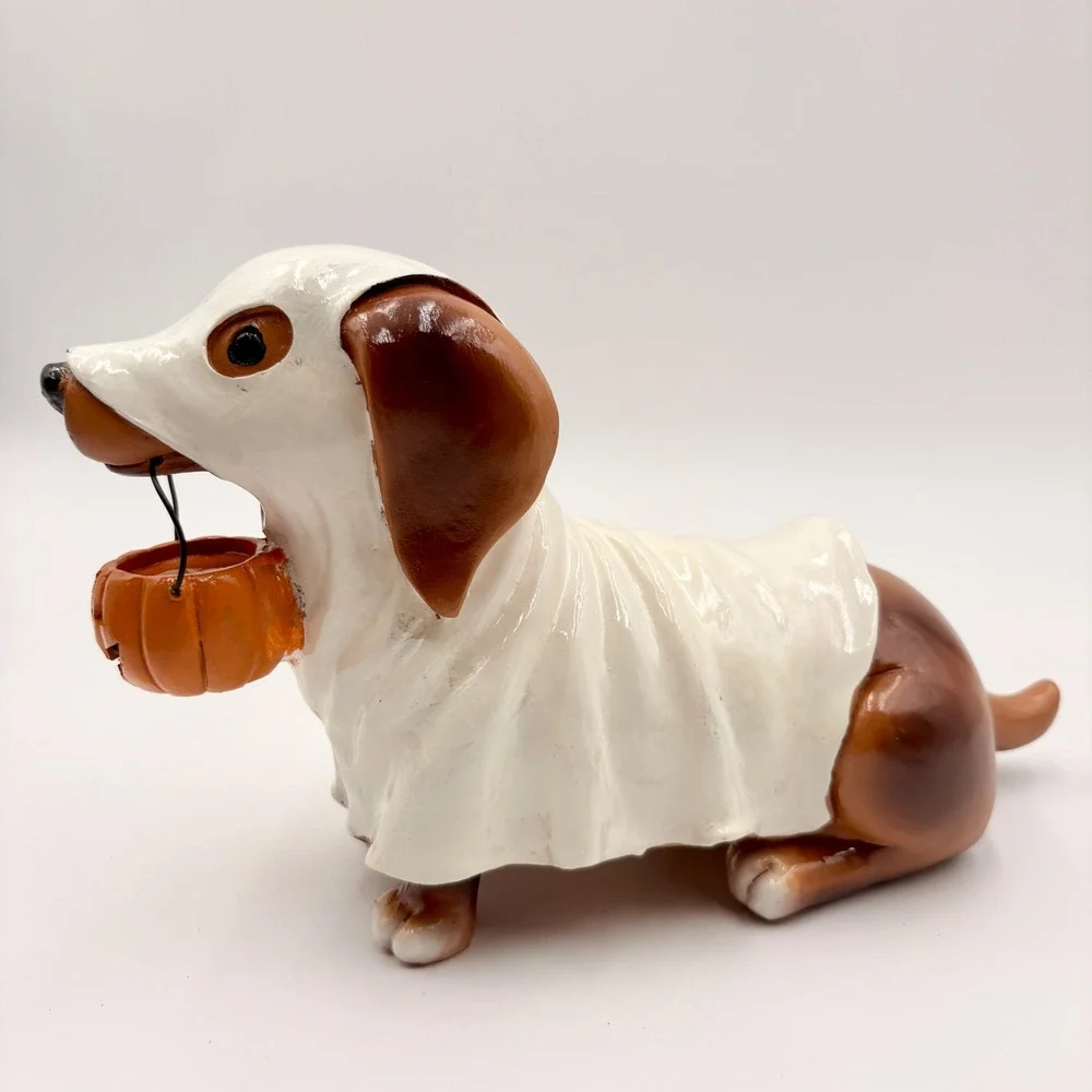 Halloween Dachshund Ghost Figurine Pumpkin Pail Wiener Dog Resin Decor Doxie